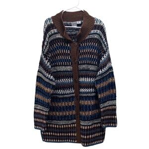 Russ Sport Vintage Knit Wool Blend Brown And Blue Striped Sweater Cardigan